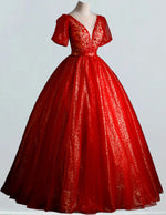 Women's Red Sequin V-Neck Tulle Evening Ball Gown | Elegant Prom & Bridesmaid Dress