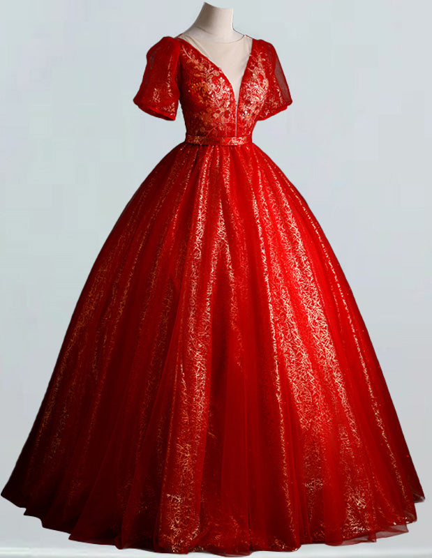 Women's Red Sequin V-Neck Tulle Evening Ball Gown | Elegant Prom & Bridesmaid Dress