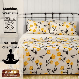 DaDa Bedding Yellow Fleur Golden Orange Floral Ivory Fitted & Flat Bed Sheets Set (18112)
