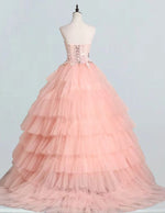 Women's Pink Strapless Tulle Ball Gown | Lace Applique Fairy Prom Dress