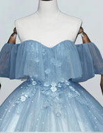 Blue Floor length Ball Gown Off-the-shoulder Princess Bridal Dress Applique Lace Evening DressTulle A line Long Formal Party Gown