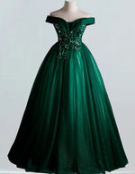 Off-Shoulder Green Tulle Prom Dress | Lace Applique Fairy Ball Gown for Women