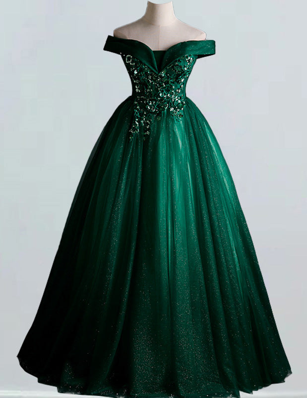 Off-Shoulder Green Tulle Prom Dress | Lace Applique Fairy Ball Gown for Women