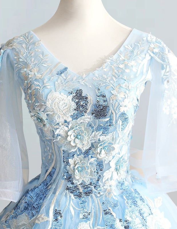 Blue v neck lace applique ball gown prom dress wedding bridal dress quinceanera gown