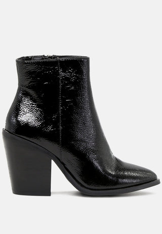 brises crinkle patent pointed toe ankle boots with block heel