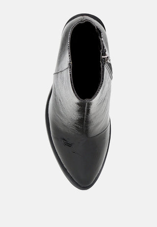 brises crinkle patent pointed toe ankle boots with block heel