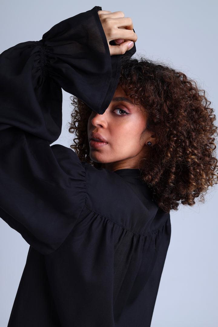 Protagonista Tencel Bow-Tie Black Blouse With Voluminous Airy Sleeves ETNA
