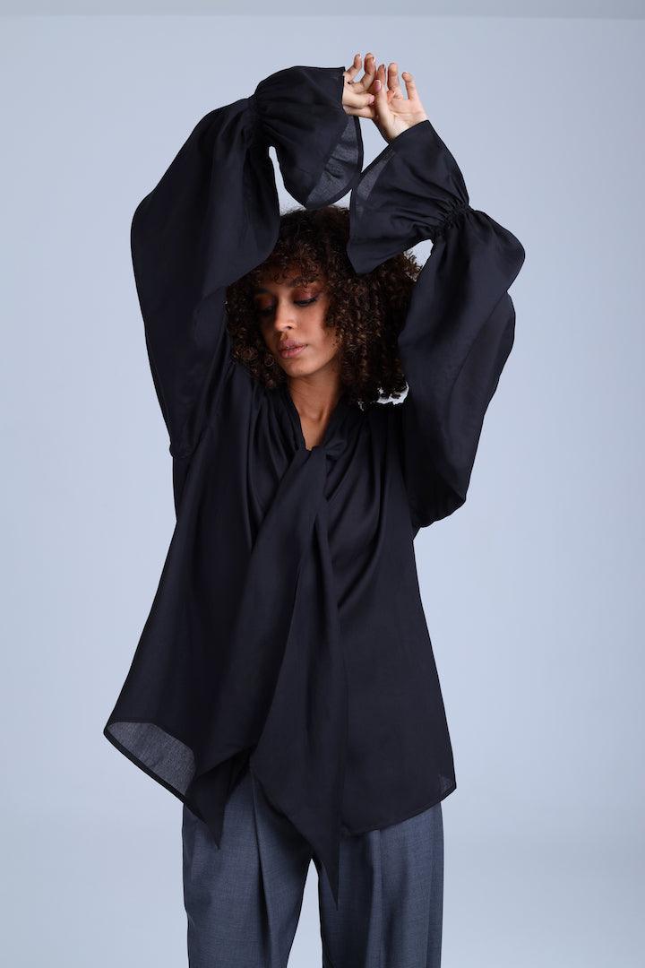 Protagonista Tencel Bow-Tie Black Blouse With Voluminous Airy Sleeves ETNA