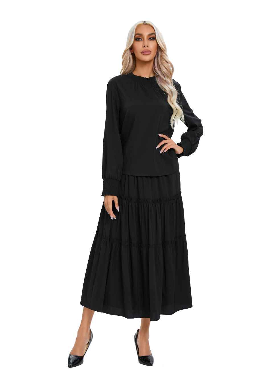 Black Tiered Midi Dress Outfit Set