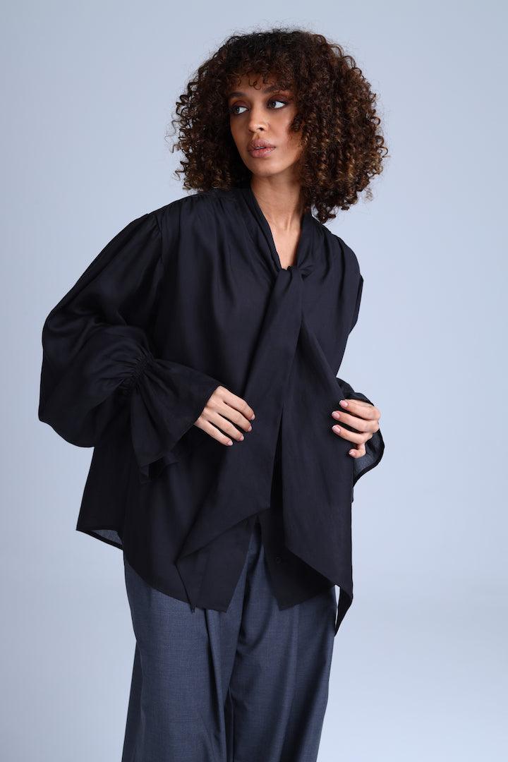 Protagonista Tencel Bow-Tie Black Blouse With Voluminous Airy Sleeves ETNA