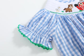 Blue Gingham Farm Smocked Bishop Dress
