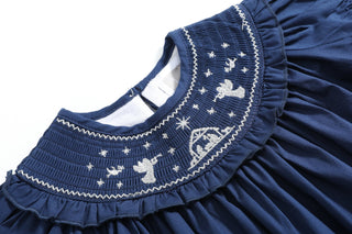 Blue Nativity Smocked Ruffle Bishop Dress