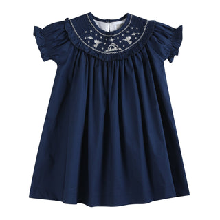 Blue Nativity Smocked Ruffle Bishop Dress