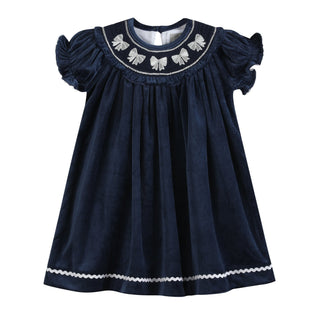 Blue Velvet Silver Bows Smocked Ruffle Bishop Dress