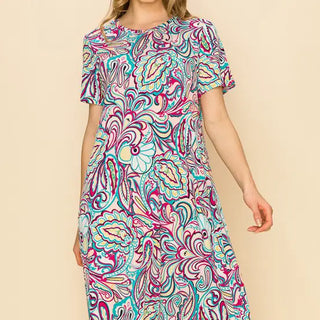 Women's Paisley Short Sleeve Midi Dress with Pockets