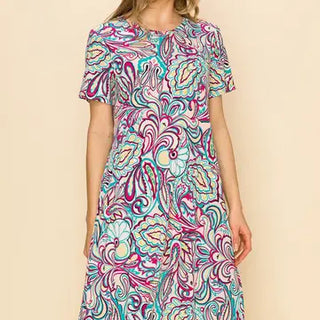 Women's Paisley Short Sleeve Midi Dress with Pockets