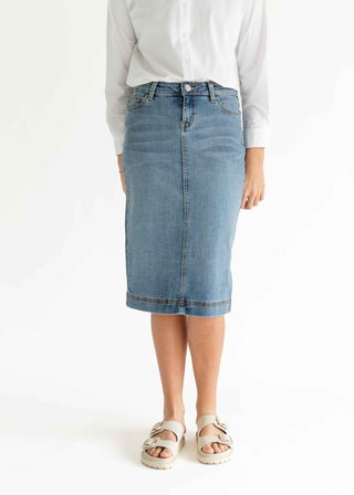 Bryn Light Wash Denim Midi Skirt