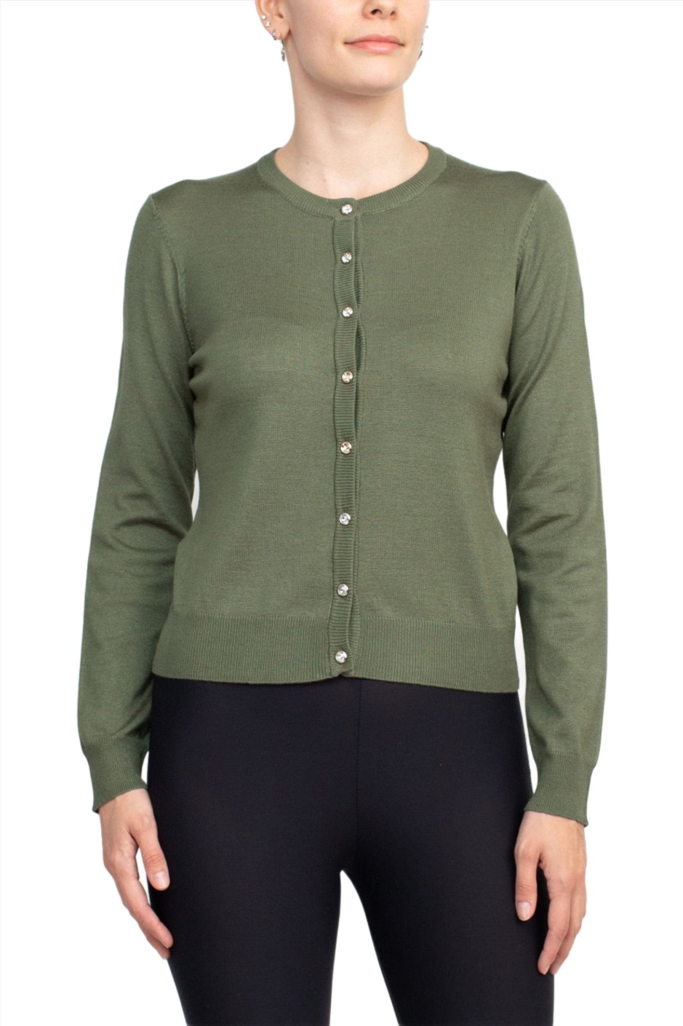 Esperanza NY Crew Neck Button Down Long Sleeve Solid Knit Cardigan - Glamourous Grace