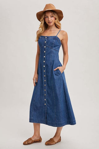 Button Down Sleeveless Denim Midi Dress