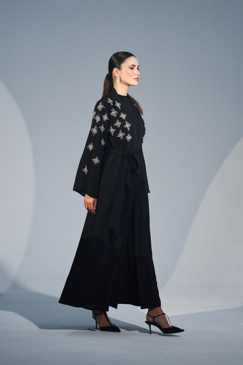 Handmade Crystal Embellished Motifs Abaya-Kimono - By Baano