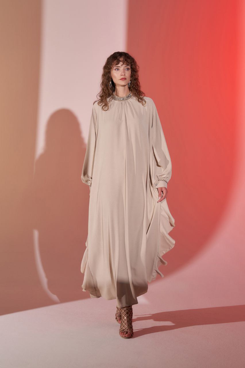 Ice Spiced Beige Raffle Design Amelia Abaya - Glamourous Grace