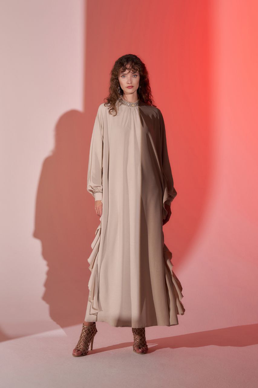 Ice Spiced Beige Raffle Design Amelia Abaya - Glamourous Grace