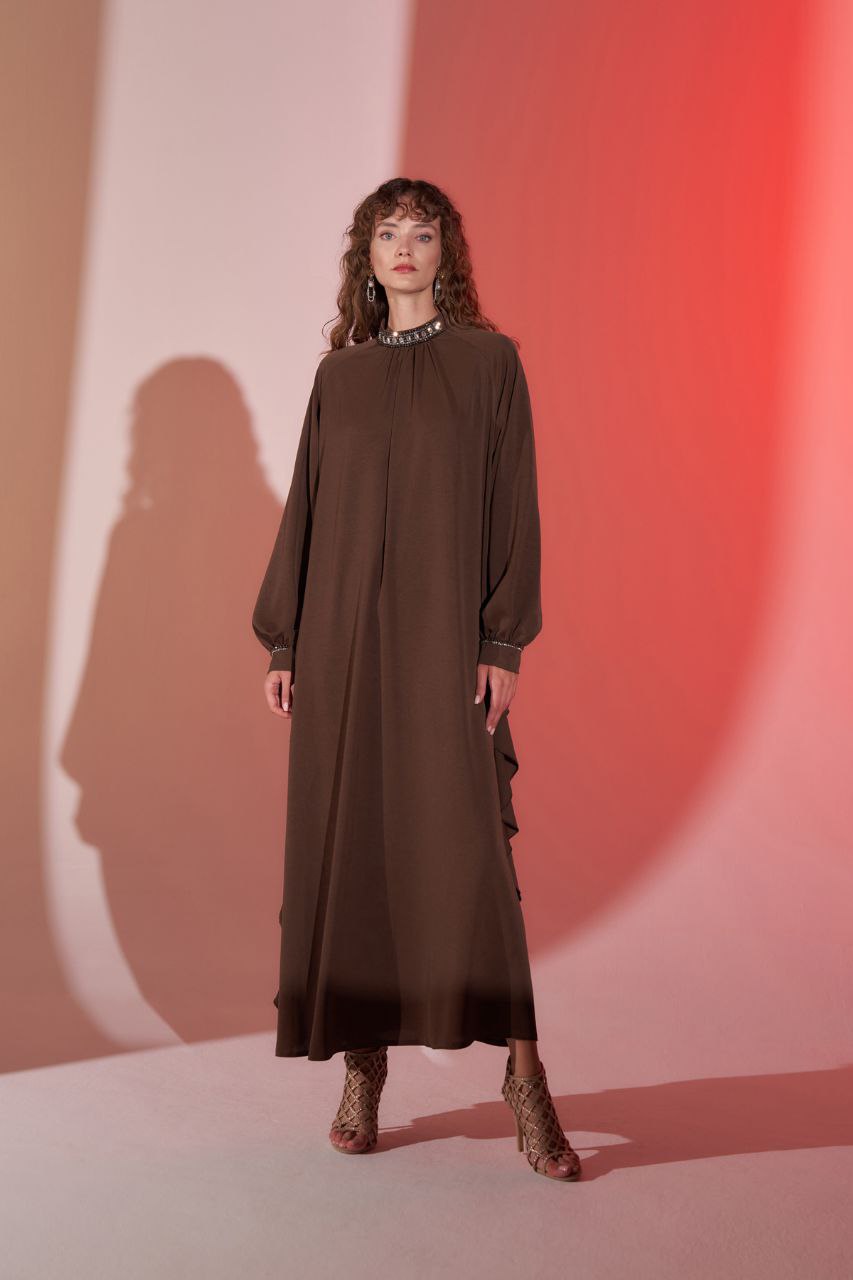 Kate Brown Abaya with Side Raffle Design - Glamourous Grace