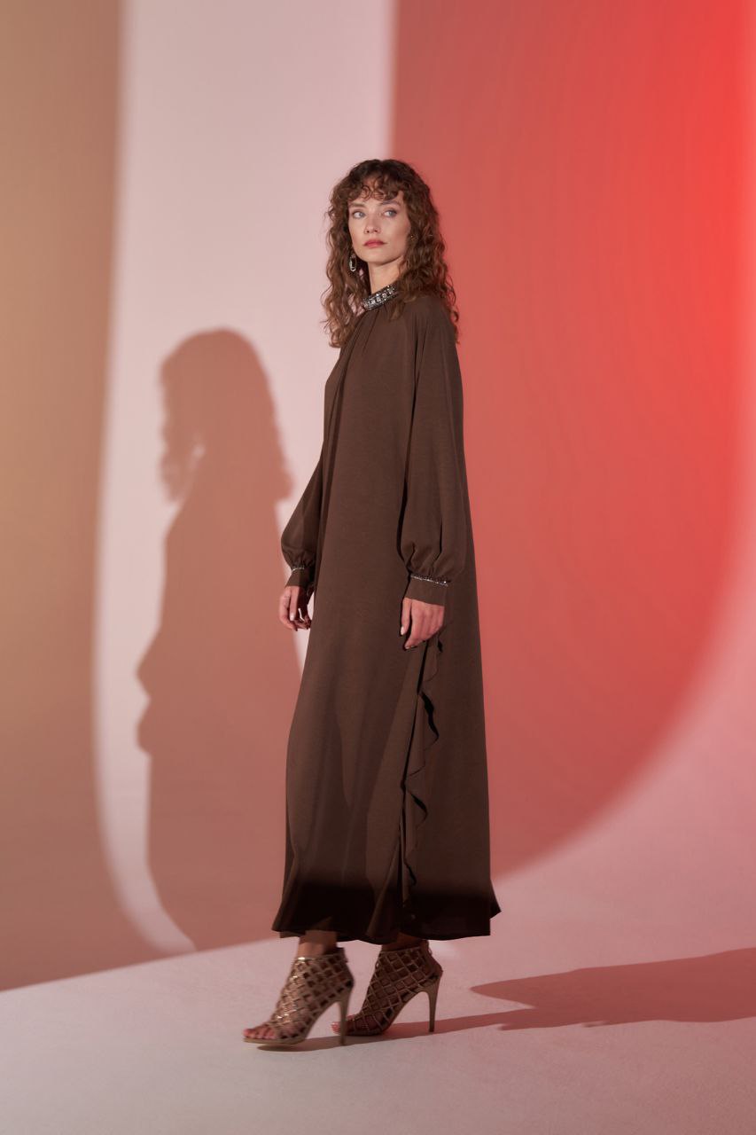 Kate Brown Abaya with Side Raffle Design - Glamourous Grace