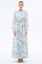 Morning Blues Floral Long Maxi Dress with Long Sleeve - By Baano