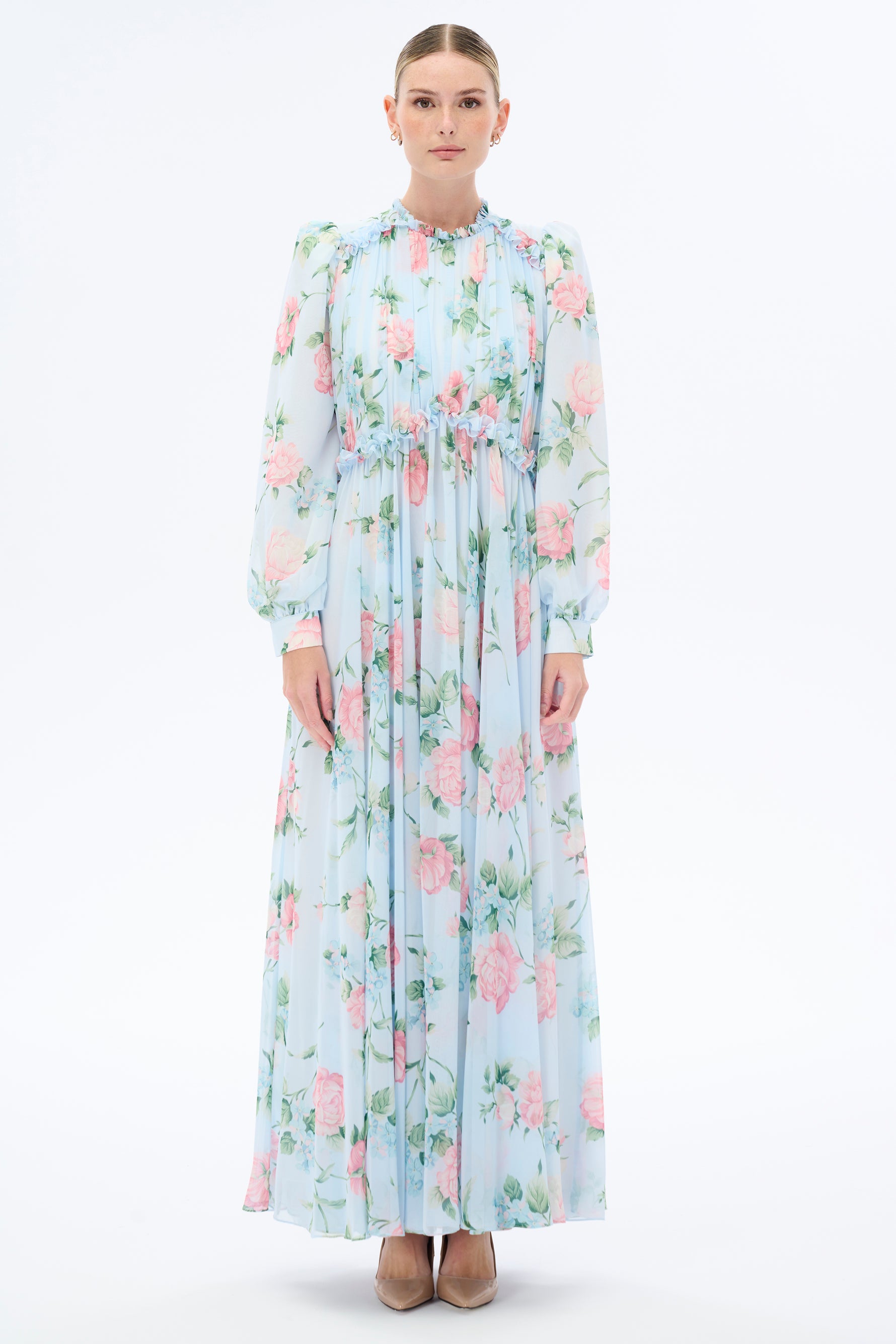Morning Blues Floral Long Maxi Dress with Long Sleeve - By Baano