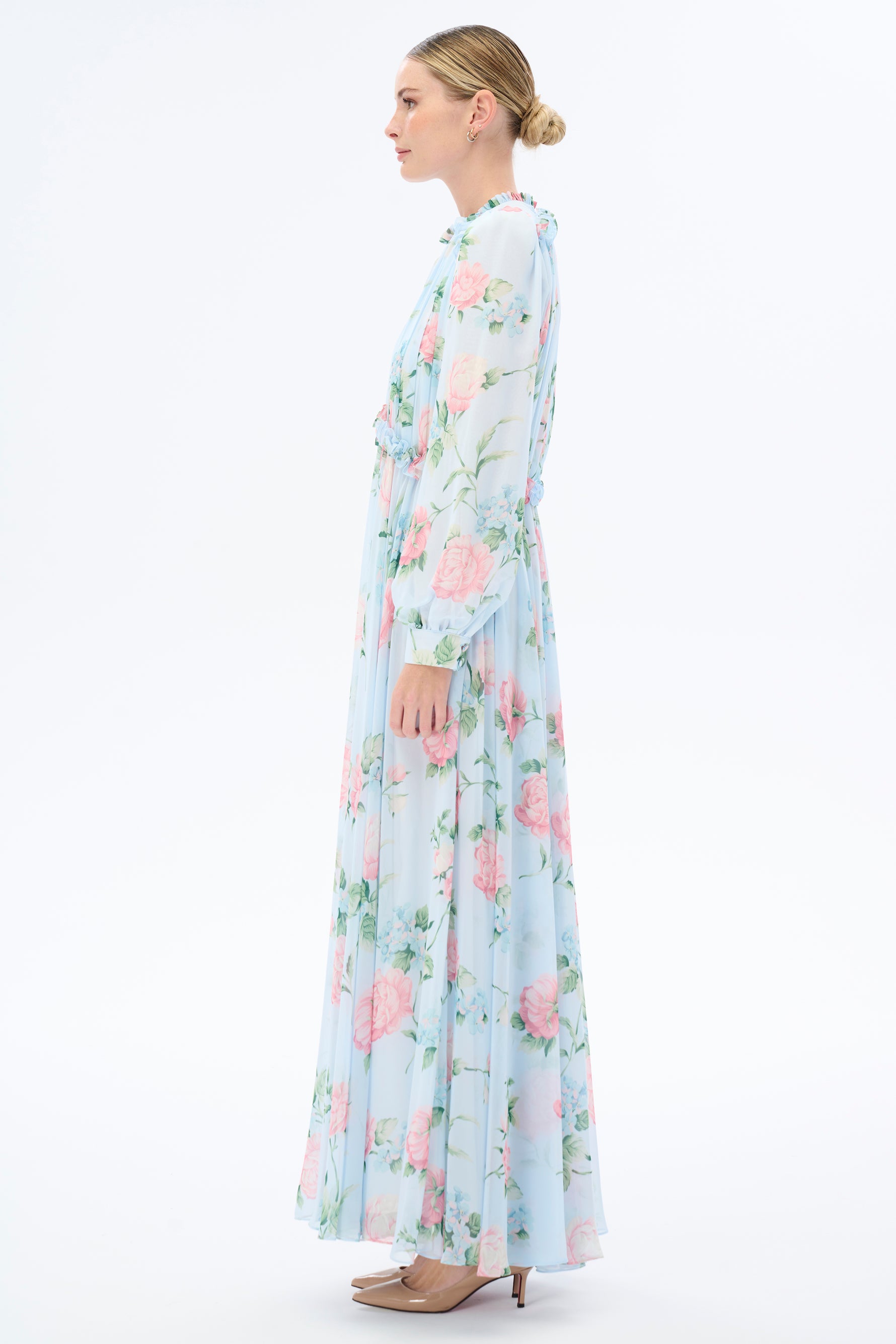 Morning Blues Floral Long Maxi Dress with Long Sleeve - By Baano