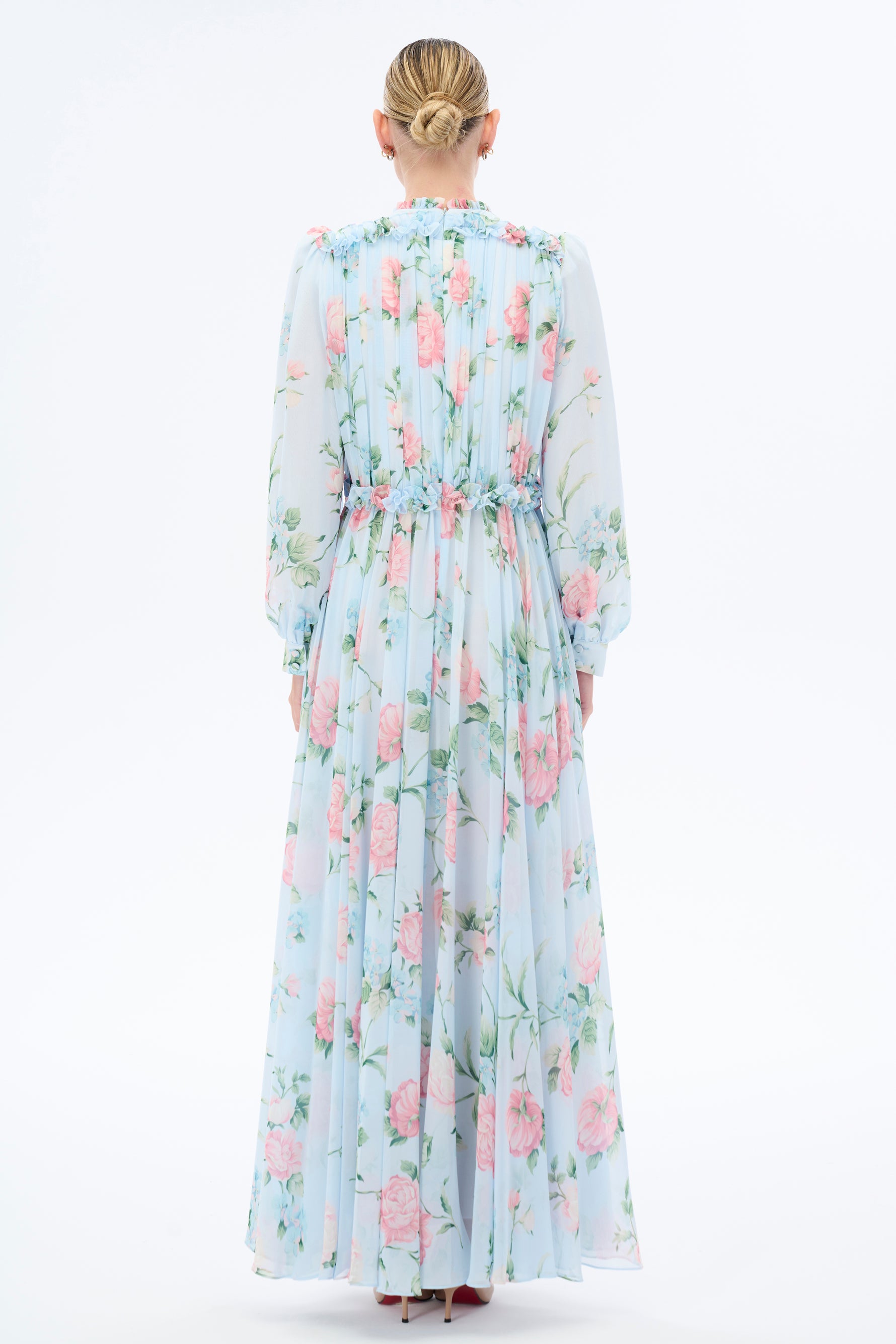 Morning Blues Floral Long Maxi Dress with Long Sleeve - By Baano
