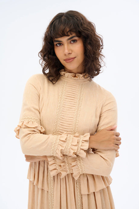 HIGH COLLAR LACE DRESS - Beige - By Baano