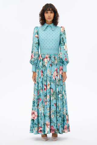 Elegant Floral Maxi Dress with Shirt Collar - By Baano