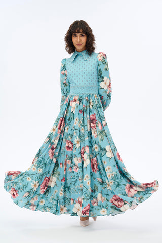 Elegant Floral Maxi Dress with Shirt Collar - By Baano