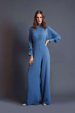 Draped Lisa Gathered High Waist Jumpsuit Blue -Modest Rompers - By Baano