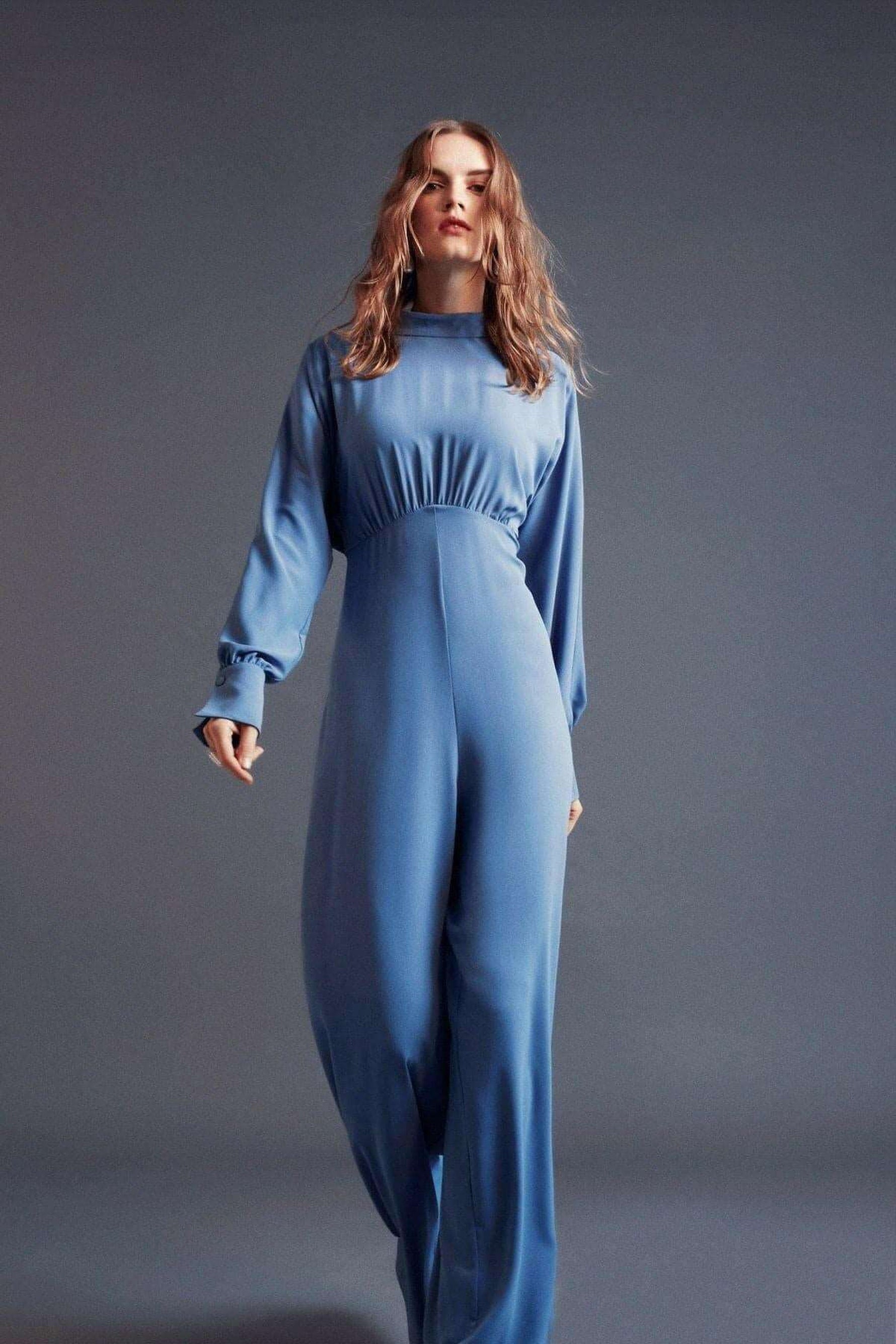Draped Lisa Gathered High Waist Jumpsuit Blue -Modest Rompers - By Baano