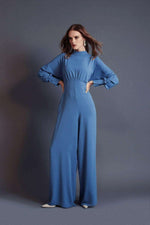 Draped Lisa Gathered High Waist Jumpsuit Blue -Modest Rompers - By Baano