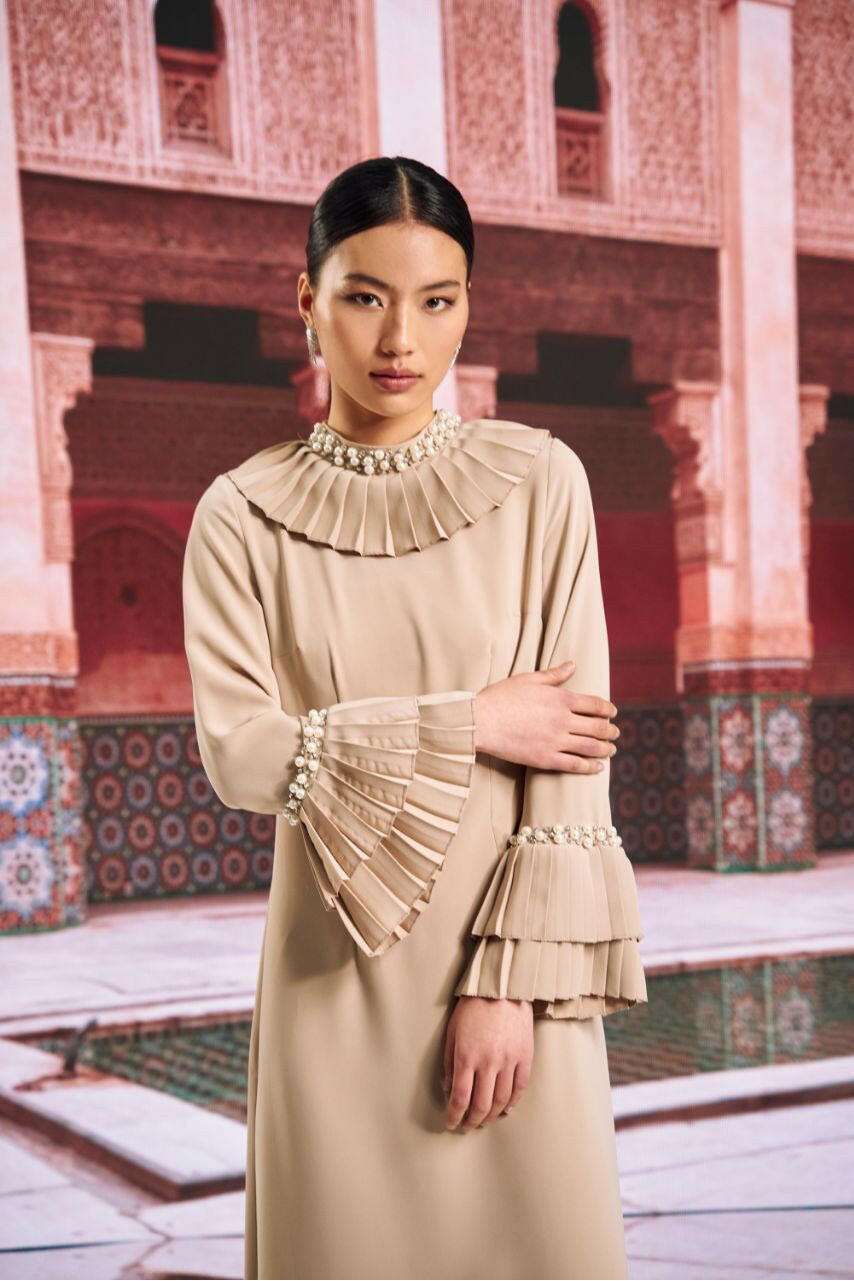 Greek Style A - Line Dress with Ruffle Neckline and Sleeves - Glamourous Grace