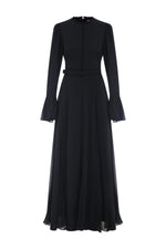 Pleated Design Long Maxi Dress with Decorative Front Buttons - By Baano