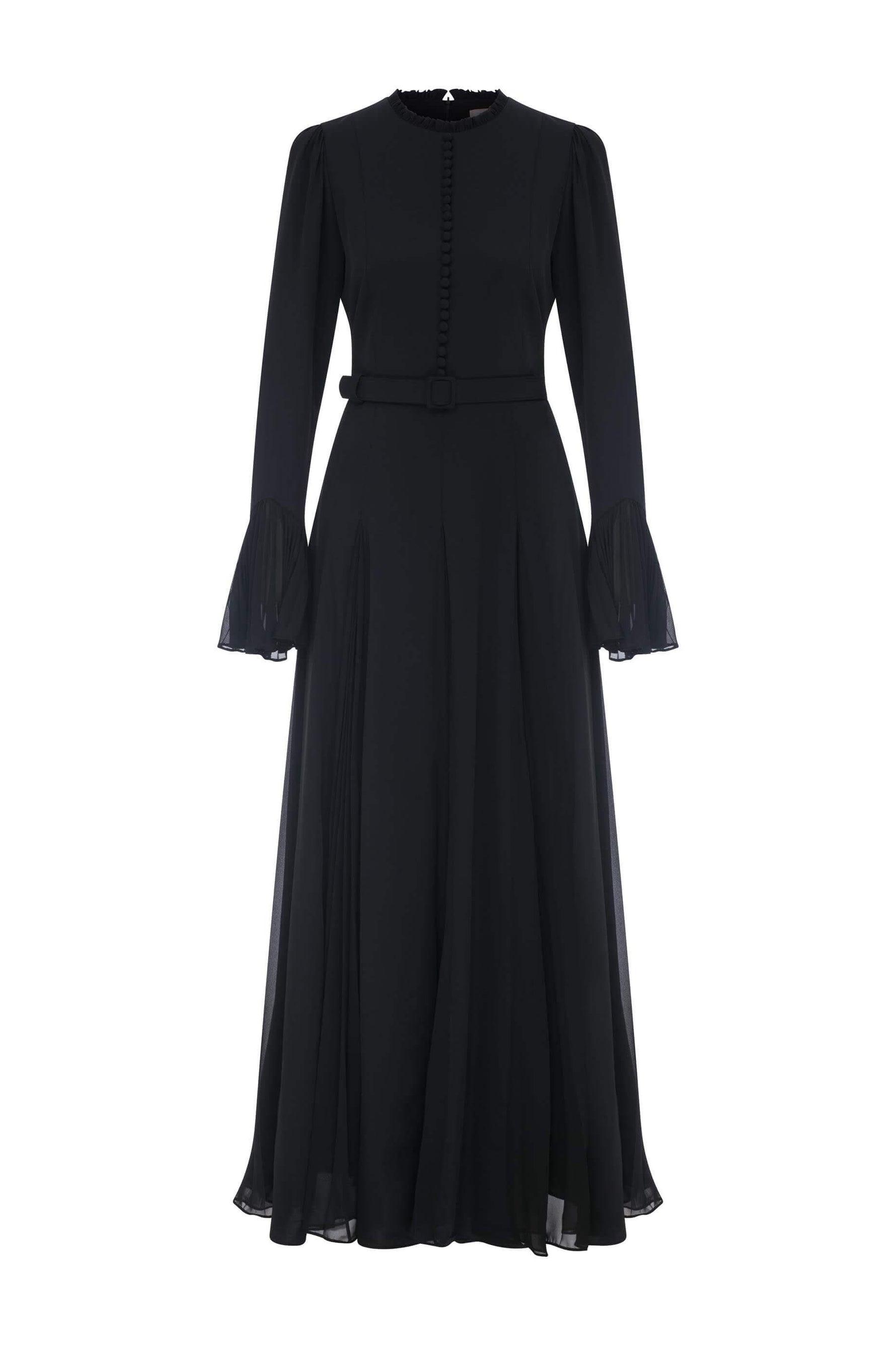 Pleated Design Long Maxi Dress with Decorative Front Buttons - By Baano