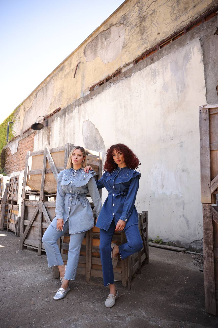 Talia Women Peter Pan Cloar Denim Shirt and Pants Set - Glamourous Grace