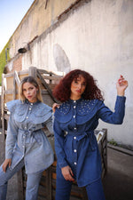 Talia Women Peter Pan Cloar Denim Shirt and Pants Set - Glamourous Grace