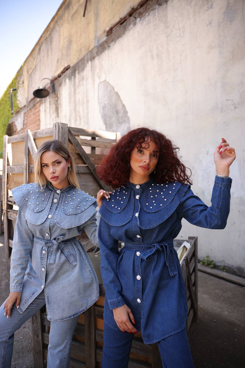 Talia Women Peter Pan Cloar Denim Shirt and Pants Set - Glamourous Grace