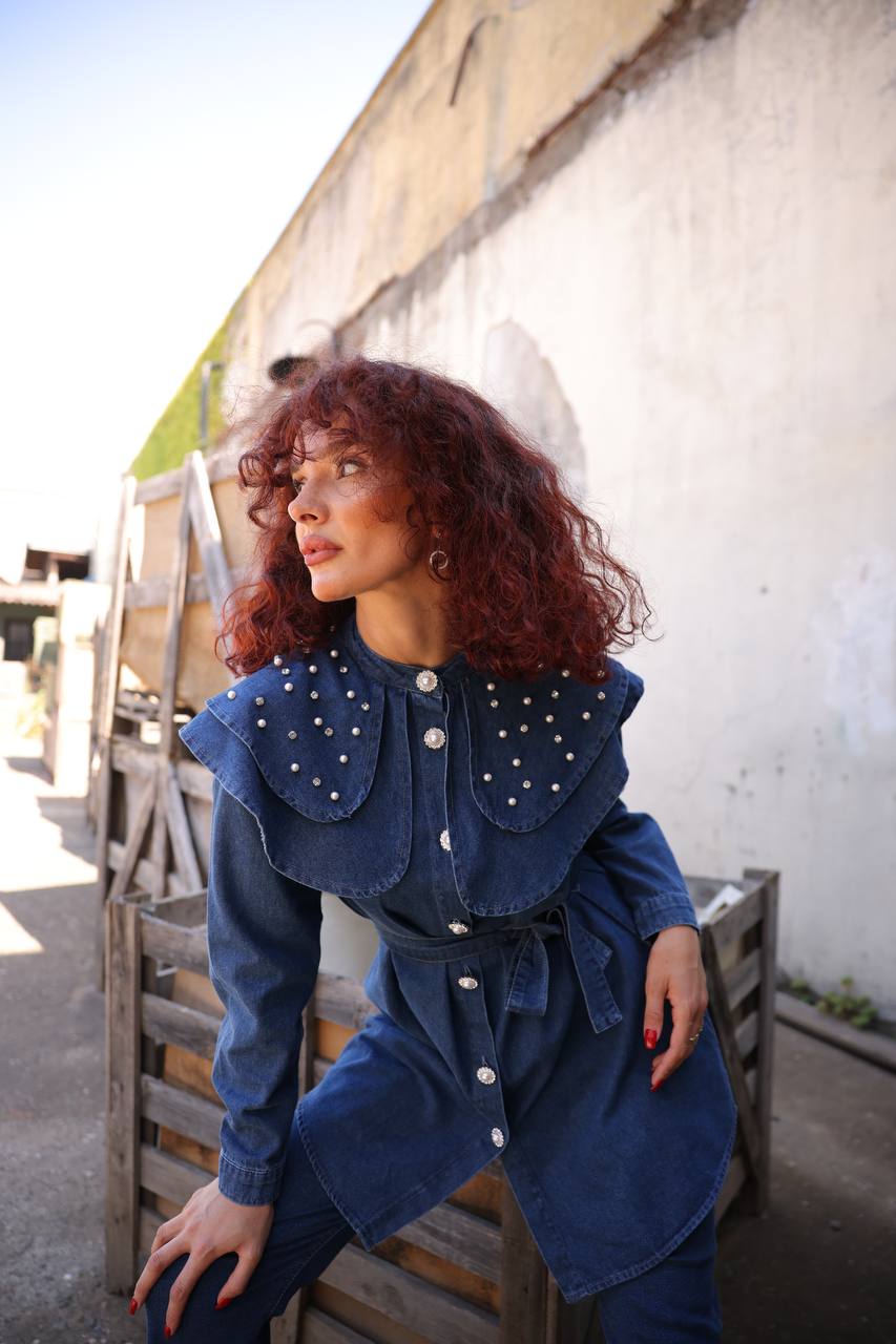 Talia Women Peter Pan Cloar Denim Shirt and Pants Set - Glamourous Grace