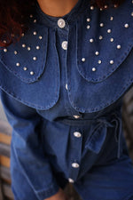 Talia Women Peter Pan Cloar Denim Shirt and Pants Set - Glamourous Grace