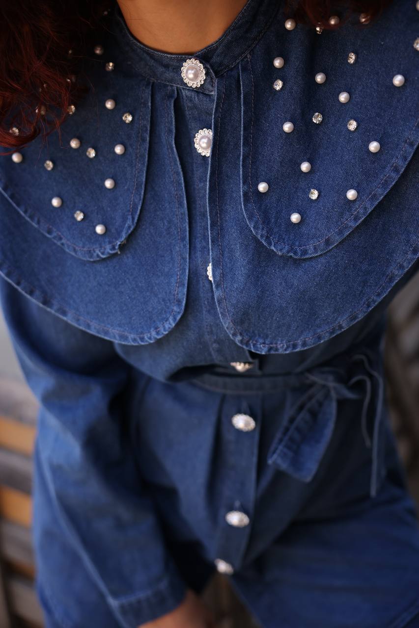 Talia Women Peter Pan Cloar Denim Shirt and Pants Set - Glamourous Grace