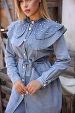 Talia Women Peter Pan Cloar Denim Shirt and Pants Set - Glamourous Grace