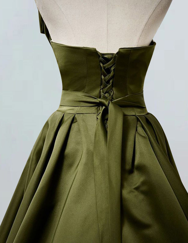 Oliva green strapless pleated long satin prom dress ball gown bridesmaid dress bridal party gown