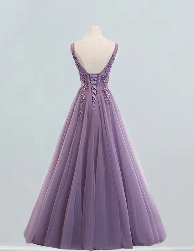 Lilac v neck tulle ball gown lace applique bridal prom dress beading graduation bridal dress tulle floral evening party gown